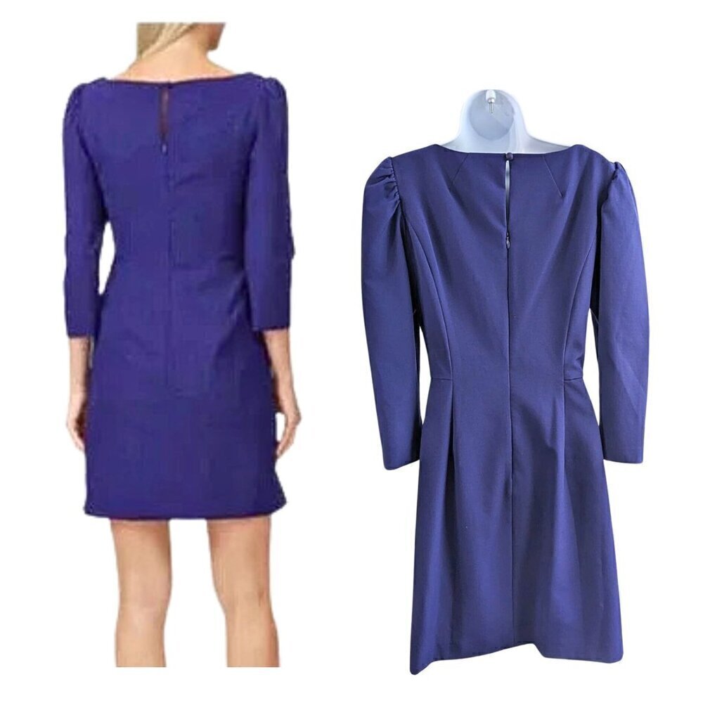 MILLY Clare Indigo Boatneck Puff Sleeve Princess Seam Sheath Mini Dress Size 12 - Picture 9 of 10